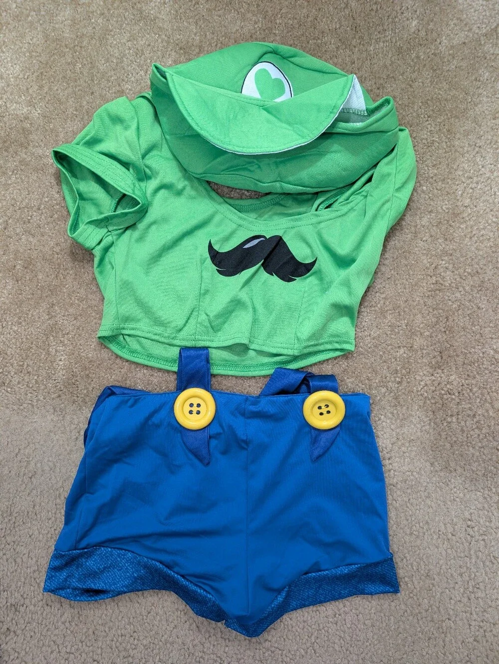 Halloween Costume Gamer Sidekick Costume Green Crop Top, Blue Shorts & Green Hat